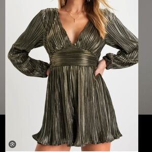 Lulus Plisse and Thank You Gold Pleated Long Sleeve Backless Romper